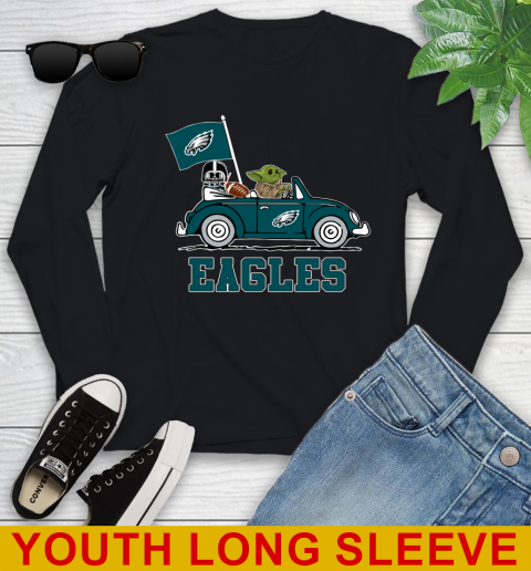 NFL Football Philadelphia Eagles Darth Vader Baby Yoda Driving Star Wars Shirt Youth Long Sleeve 2