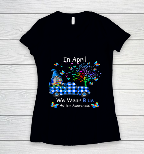 Gnomes In April We Wear Blue Autism Awareness Women's V-Neck T-Shirt