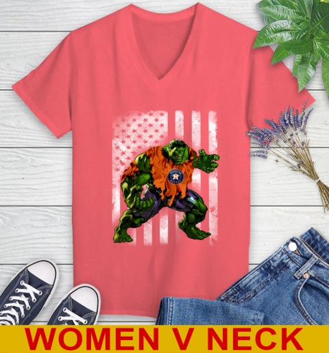 Houston Astros Hulk Marvel Avengers MLB Baseball American Flag Women's V-Neck T-Shirt 6