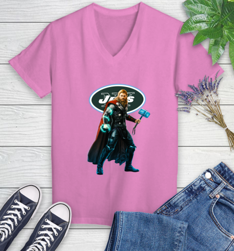 NFL Thor Avengers Endgame Football New York Jets Women's V-Neck T-Shirt 14