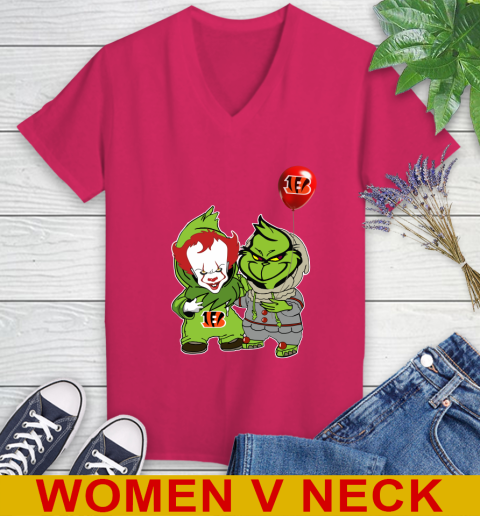 Cincinnati Bengals Baby Pennywise Grinch Christmas NFL Football Women's V-Neck T-Shirt 10
