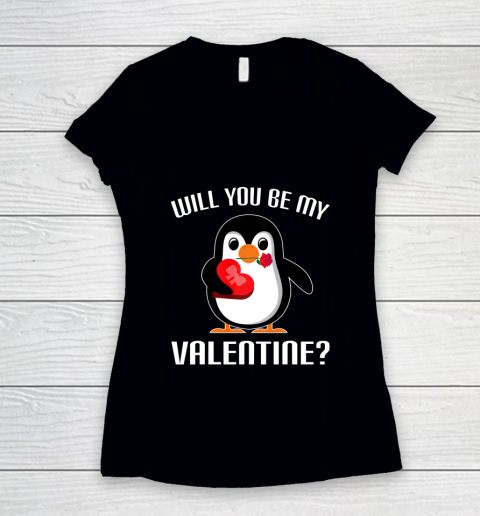 Will You Be My Valentine Funny Cute Penguin Women's V-Neck T-Shirt