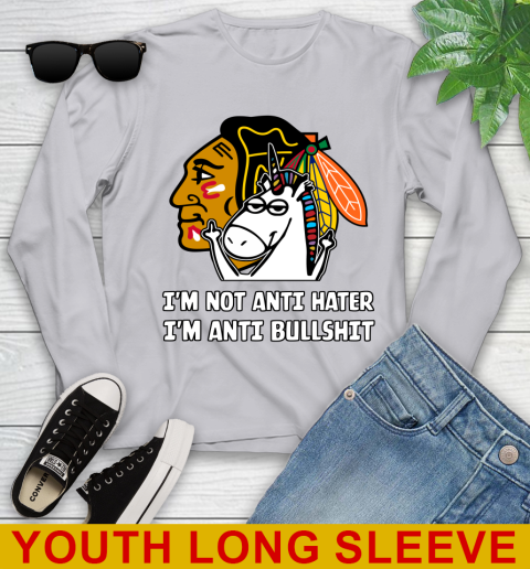 Chicago Blackhawks NHL Hockey Unicorn I'm Not Anti Hater I'm Anti Bullshit Youth Long Sleeve 6