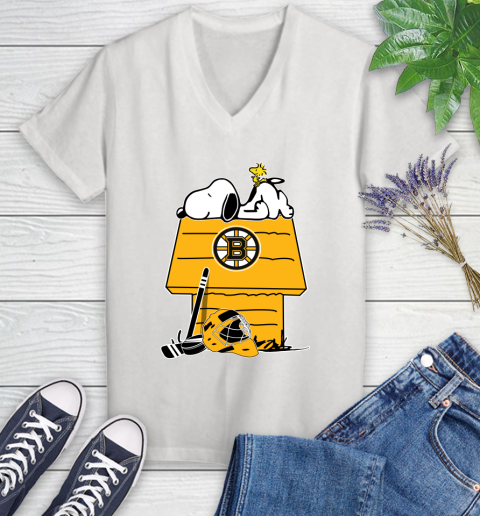 Boston Bruins NHL Hockey Snoopy Woodstock The Peanuts Movie Women's V-Neck T-Shirt