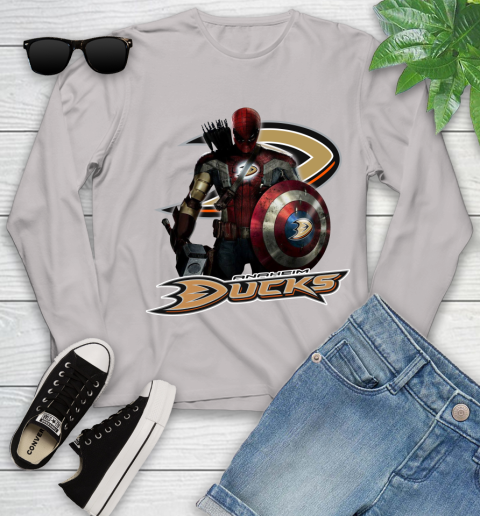 NHL Captain America Thor Spider Man Hawkeye Avengers Endgame Hockey Anaheim Ducks Youth Long Sleeve 12