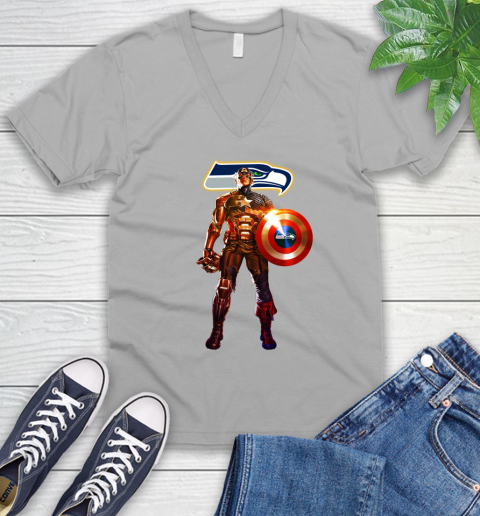 NFL Captain America Marvel Avengers Endgame Football Sports Seattle Seahawks V-Neck T-Shirt 4