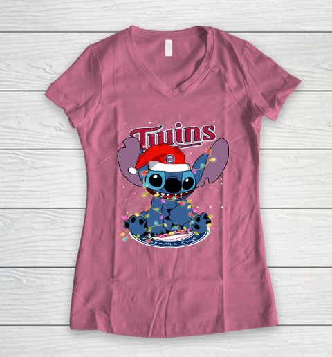 Minnesota Twins MLB noel stitch Baseball Christmas Women's V-Neck T-Shirt 7