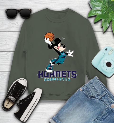 NBA Basketball Charlotte Hornets Cheerful Mickey Mouse Shirt Youth Sweatshirt 9