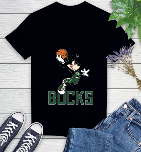 NBA Basketball Milwaukee Bucks Cheerful Mickey Mouse Shirt Women's V-Neck T-Shirt