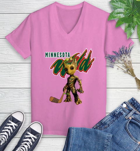 Minnesota Wild NHL Hockey Groot Marvel Guardians Of The Galaxy Women's V-Neck T-Shirt 14