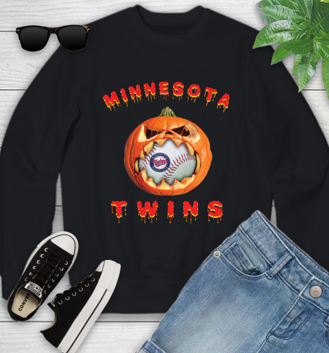 MLB Minnesota Twins Halloween Pumpkin Baseball Sports Youth Sweatshirt 2