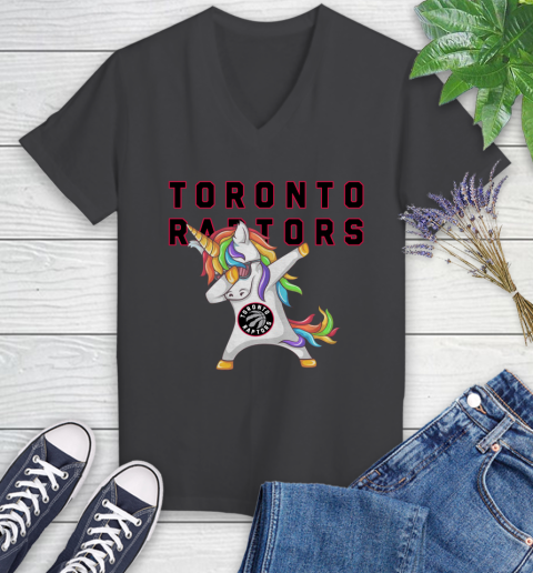 Toronto Raptors NBA Basketball Funny Unicorn Dabbing Sports Women's V-Neck T-Shirt 8