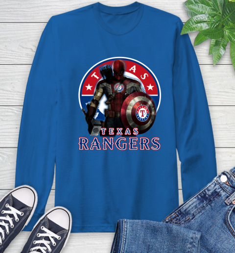 MLB Captain America Thor Spider Man Hawkeye Avengers Endgame Baseball Texas Rangers Long Sleeve T-Shirt 9