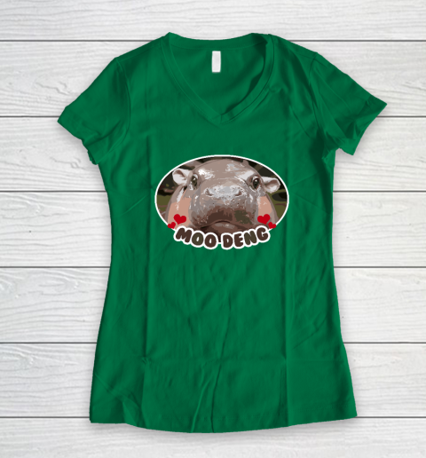 Moo Deng Bouncy Pig in Thai Picture The Cute Baby Hippo Women's V-Neck T-Shirt 3