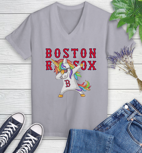 Boston Red Sox MLB Baseball Funny Unicorn Dabbing Sports Women's V-Neck T-Shirt 4