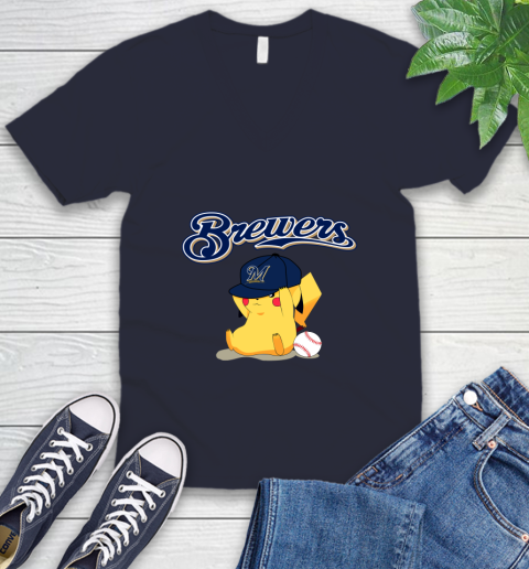 MLB Pikachu Baseball Sports Milwaukee Brewers V-Neck T-Shirt 3