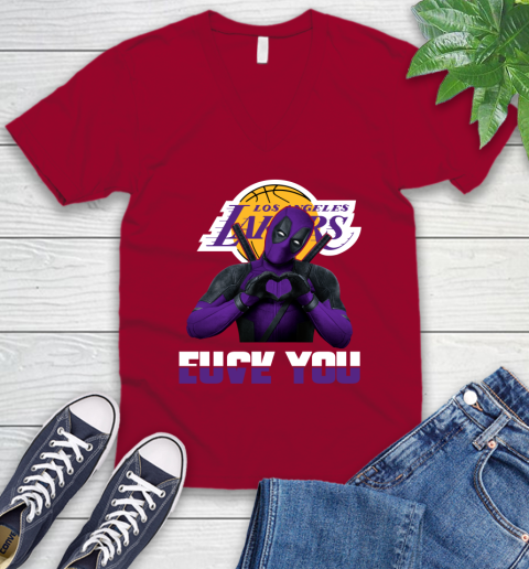 NBA Los Angeles Lakers Deadpool Love You Fuck You Basketball V-Neck T-Shirt 7