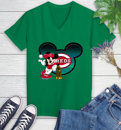 MLB Cincinnati Reds The Commissioner's Trophy Mickey Mouse Disney Women's V-Neck T-Shirt 5