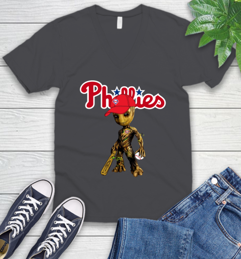 MLB Philadelphia Phillies Groot Guardians Of The Galaxy Baseball V-Neck T-Shirt 5