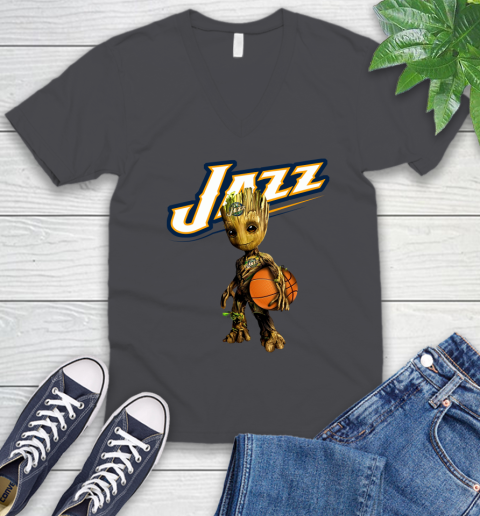 Utah Jazz NBA Basketball Groot Marvel Guardians Of The Galaxy V-Neck T-Shirt 5