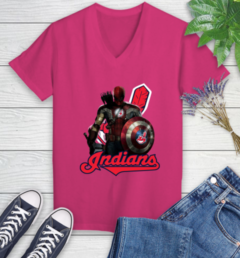 MLB Captain America Thor Spider Man Hawkeye Avengers Endgame Baseball Cleveland Indians Women's V-Neck T-Shirt 9