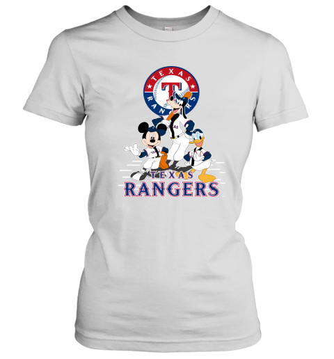 Texas Rangers Mickey Donald And Goofy Baseball Women's T-Shirt