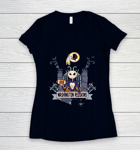 NFL Washington Redskins Football Jack Skellington Halloween Women's V-Neck T-Shirt 2