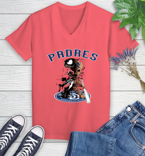 MLB San Diego Padres Baseball Venom Groot Guardians Of The Galaxy Women's V-Neck T-Shirt 6