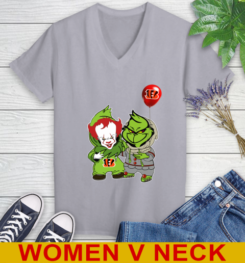 Cincinnati Bengals Baby Pennywise Grinch Christmas NFL Football Women's V-Neck T-Shirt 5