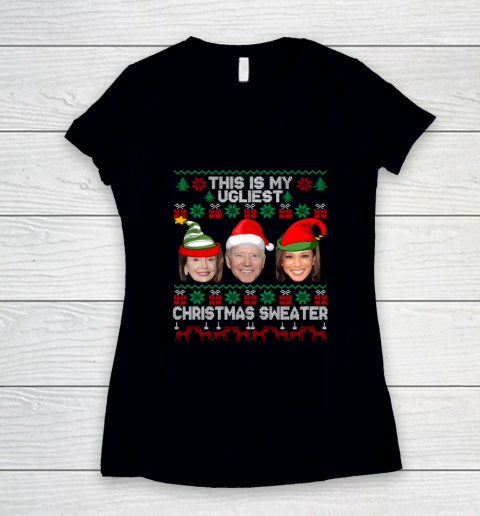 Joe Biden Kamala Shirt This Is My Ugliest Christmas Sweater Funny Women's V-Neck T-Shirt