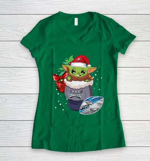 Philadelphia Eagles Christmas Baby Yoda Star Wars Funny Happy NFL Women's V-Neck T-Shirt 5