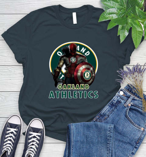 MLB Captain America Thor Spider Man Hawkeye Avengers Endgame Baseball Oakland Athletics Women's T-Shirt 8