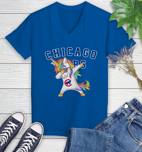 Chicago Cubs MLB Baseball Funny Unicorn Dabbing Sports Women's V-Neck T-Shirt 10