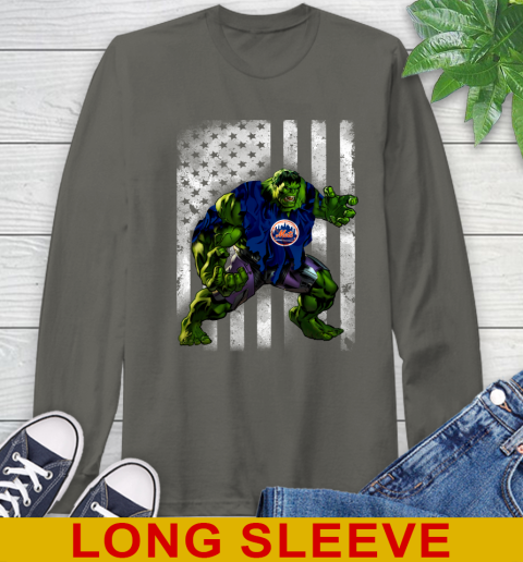 New York Mets Hulk Marvel Avengers MLB Baseball American Flag Long Sleeve T-Shirt 10