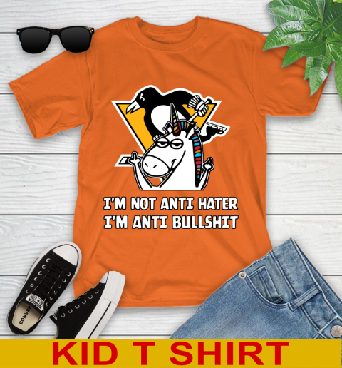 Pittsburgh Penguins NHL Hockey Unicorn I'm Not Anti Hater I'm Anti Bullshit Youth T-Shirt 7
