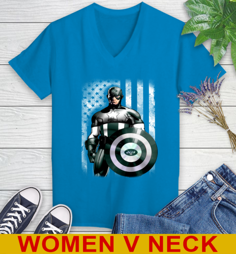 New York Jets NFL Football Captain America Marvel Avengers American Flag Shirt Women's V-Neck T-Shirt 7