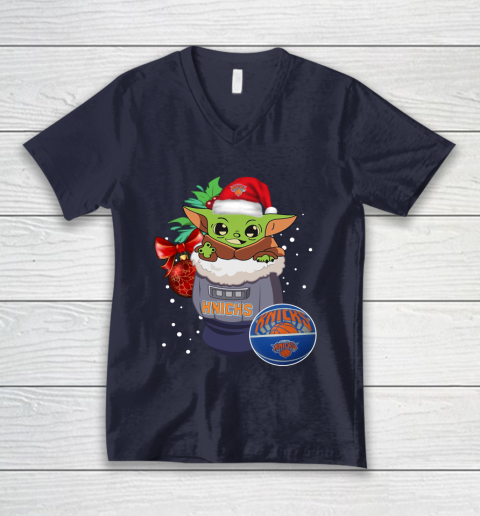 New York Knicks Christmas Baby Yoda Star Wars Funny Happy NBA V-Neck T-Shirt 3