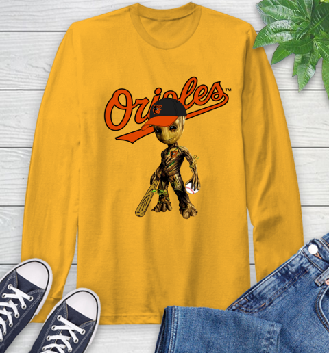 MLB Baltimore Orioles Groot Guardians Of The Galaxy Baseball Long Sleeve T-Shirt 3