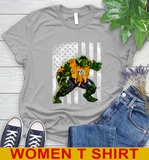Nashville Predators Hulk Marvel Avengers NHL Hockey American Flag Women's T-Shirt 5