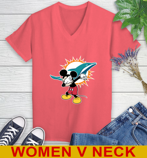 Miami Dolphins NFL Football Dabbing Mickey Disney Sports Women's V-Neck T-Shirt 7