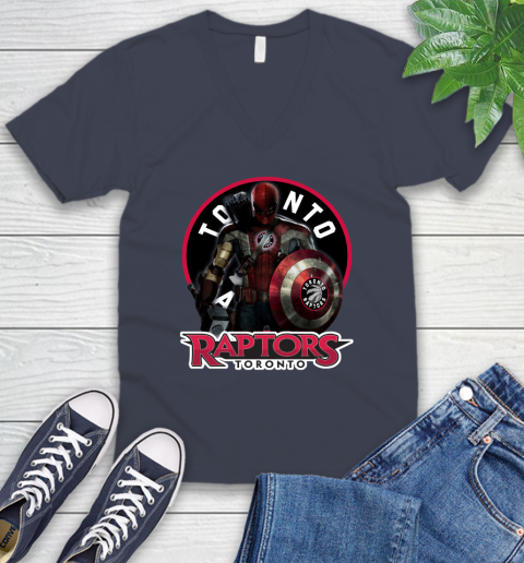 Toronto Raptors NBA Basketball Captain America Thor Spider Man Hawkeye Avengers V-Neck T-Shirt 9