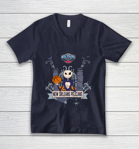 NBA New Orleans Pelicans Basketball Jack Skellington Halloween V-Neck T-Shirt 2