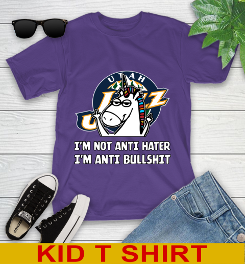Utah Jazz NBA Basketball Unicorn I'm Not Anti Hater I'm Anti Bullshit Youth T-Shirt 4