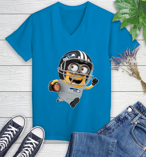 NFL Seattle Seahawks Minions Disney Football Sports Women's V-Neck T-Shirt 7