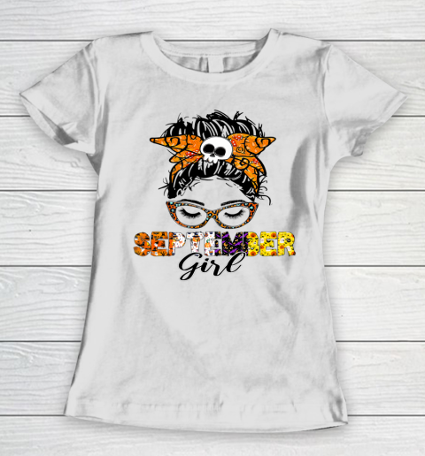 September Girl Woman Face Wink Eyes Halloween Skull Pumpkin Women's T-Shirt