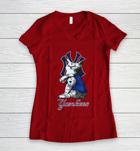 MLB Baseball My Cat Loves New York Yankees Women's V-Neck T-Shirt 8