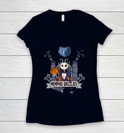 NBA Memphis Grizzlies Basketball Jack Skellington Halloween Women's V-Neck T-Shirt 2