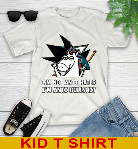 San Jose Sharks NHL Hockey Unicorn I'm Not Anti Hater I'm Anti Bullshit Youth T-Shirt