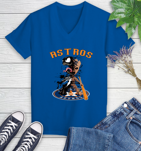 MLB Houston Astros Baseball Venom Groot Guardians Of The Galaxy Women's V-Neck T-Shirt 10