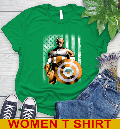 New York Knicks NBA Basketball Captain America Marvel Avengers American Flag Shirt Women's T-Shirt 7
